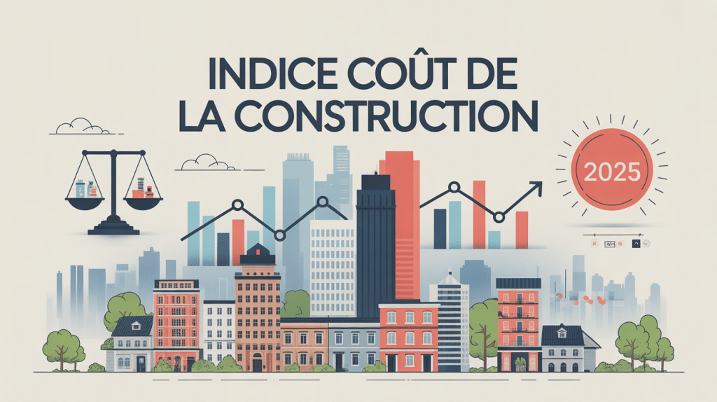 Illustration ICC 2024 avec ville, courbes, et balance pour contrats immobiliers