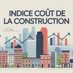 Illustration ICC 2024 avec ville, courbes, et balance pour contrats immobiliers