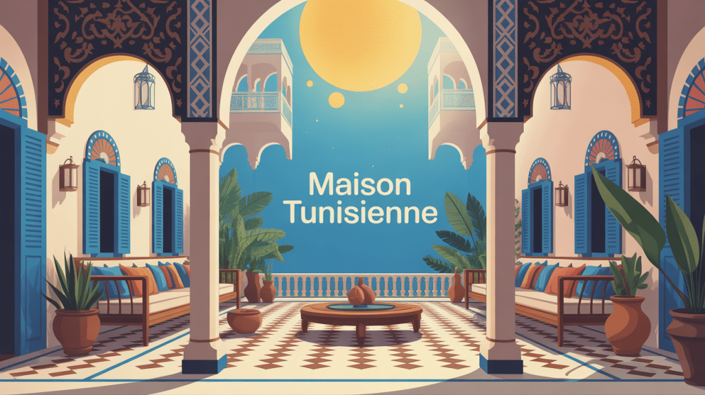 Illustration montrant l’architecture typique maison tunisienne avec patio, arcades, murs blancs et menuiseries bleues