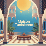 Illustration montrant l’architecture typique maison tunisienne avec patio, arcades, murs blancs et menuiseries bleues