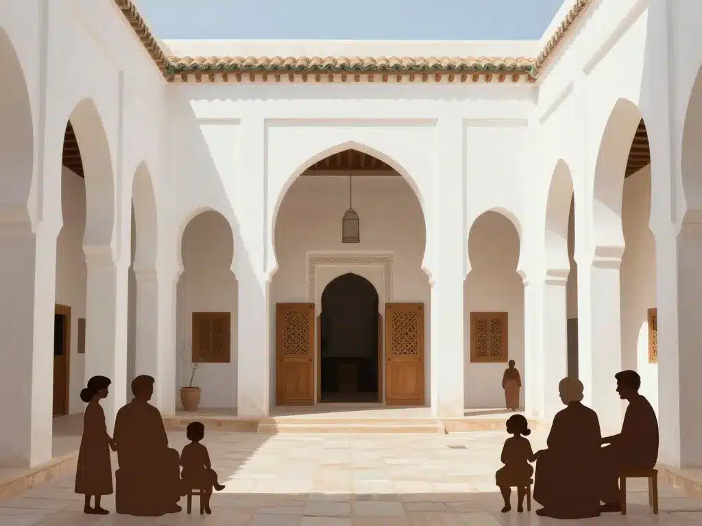 Editorial illustrant patio central et arcades emblématiques de la maison tunisienne traditionnelle
