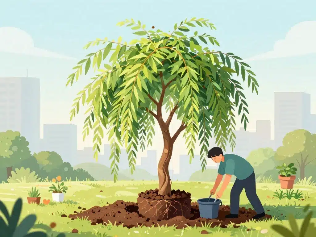 plantation sophora pleureur en jardin urbain ensoleillé