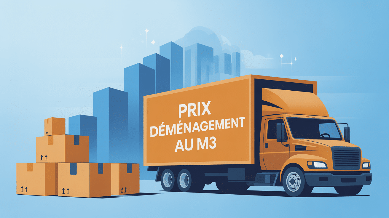 illustration prix d'un demenagement au m3 vectorielle camion et cartons