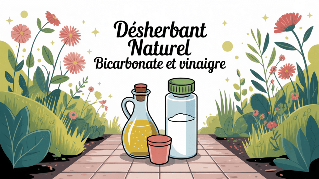 Recette désherbant naturel bicarbonate et vinaigre illustration jardin allée pulvérisateur