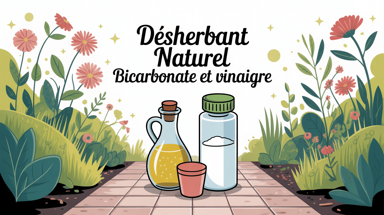 Recette désherbant naturel bicarbonate et vinaigre illustration jardin allée pulvérisateur