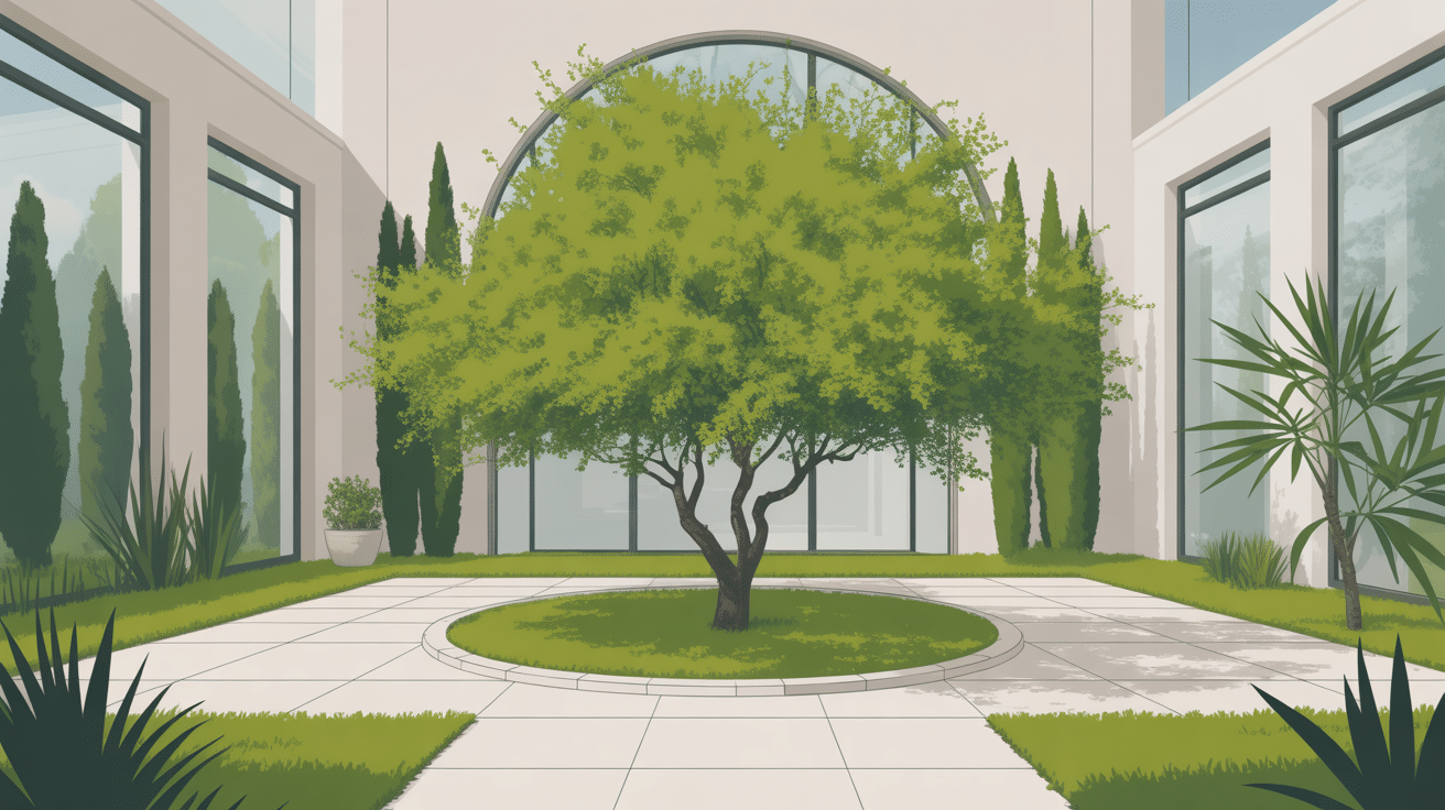 illustration sophora pleureur au centre du jardin contemporain