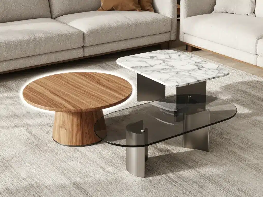 Table de salon basse design ronde rectangulaire matériaux