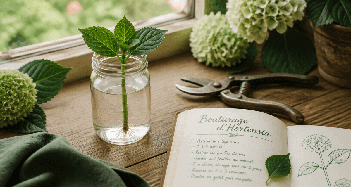 bouture hortensia dans l'eau en bocal sur rebord de fenêtre