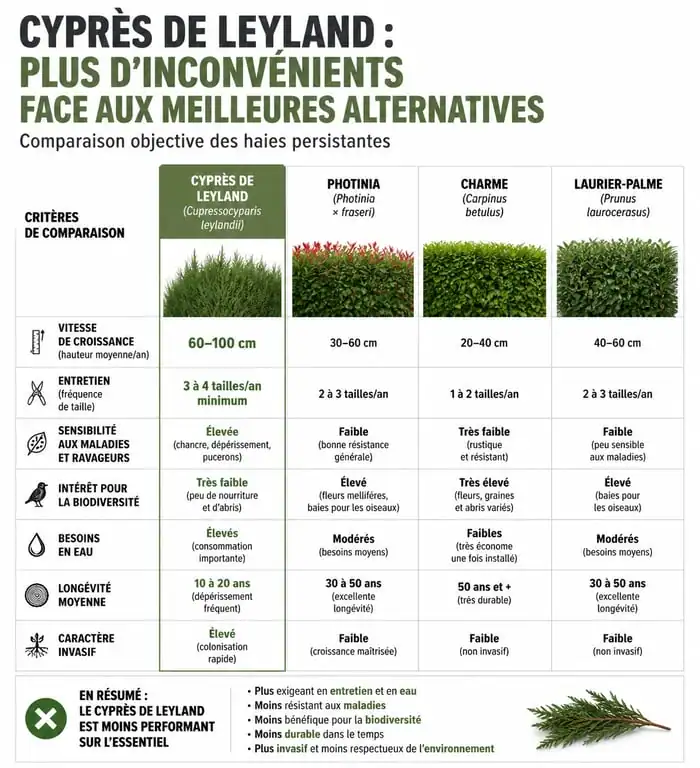 Infographie comparative des inconvénients du cyprès de Leyland et autres haies