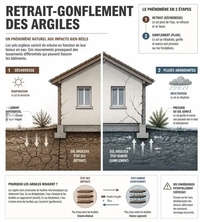 Schéma explicatif du phénomène de retrait-gonflement des sols argileux et son impact sur les fondations