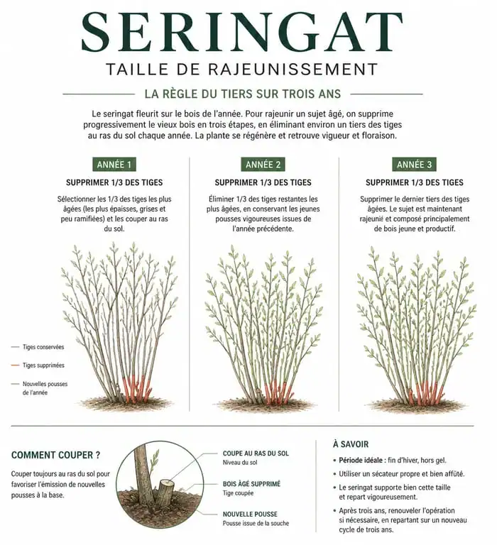 Schéma explicatif de la taille sévère et du rajeunissement du seringat par la méthode du tiers