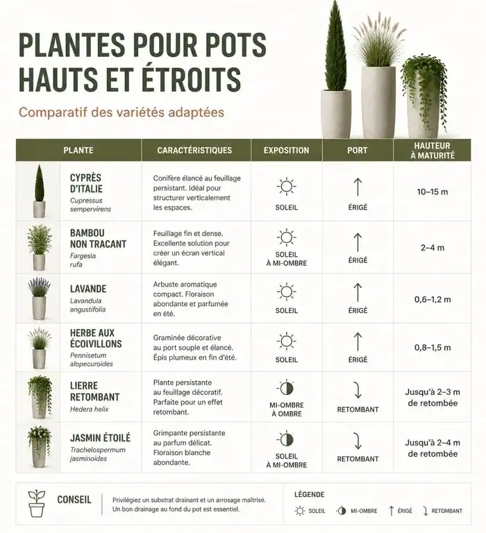 Tableau comparatif des meilleures plantes pour pot haut et étroit : graminées, agapanthes, sansevieria et plantes retombantes.