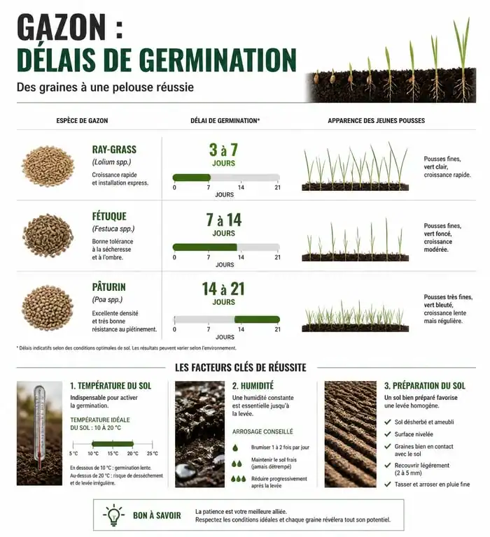 Infographie sur les délais de germination et la pousse du gazon selon les espèces