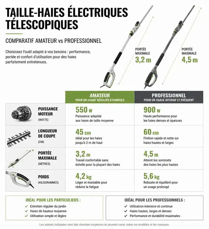 Infographie comparative des caractéristiques techniques des taille-haies électriques télescopiques pour choisir le meilleur modèle.