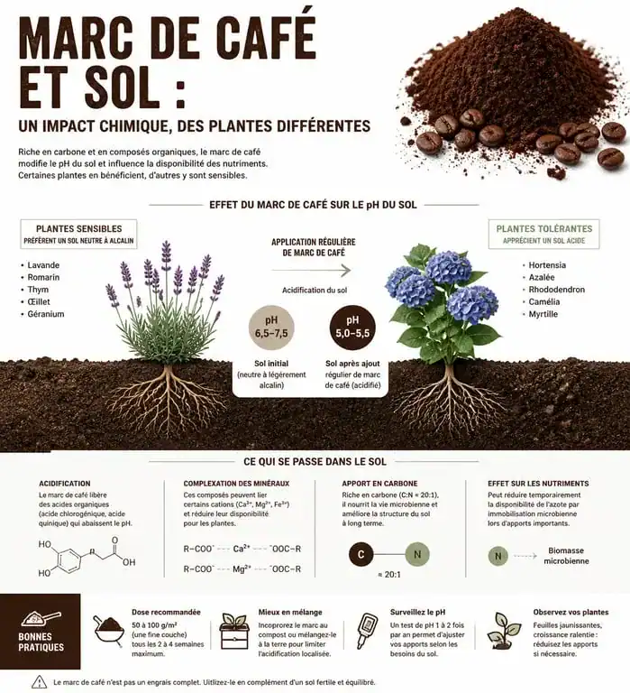 Infographie sur les effets du marc de café sur les plantes et le sol du jardin