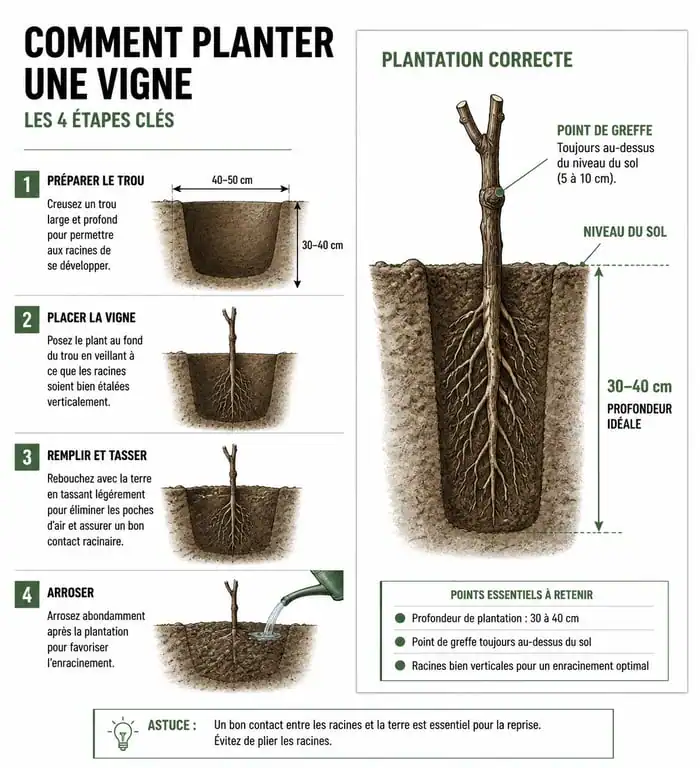 Schéma technique des étapes de plantation d'une vigne : profondeur, point de greffe et racines