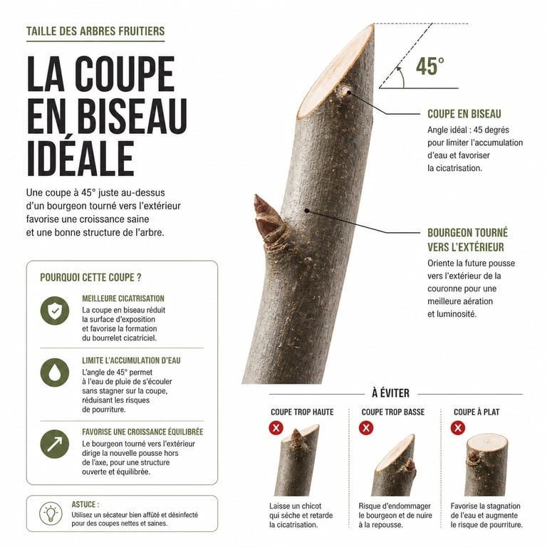 Schéma illustrant la technique de taille en biseau pour les arbres fruitiers à noyaux