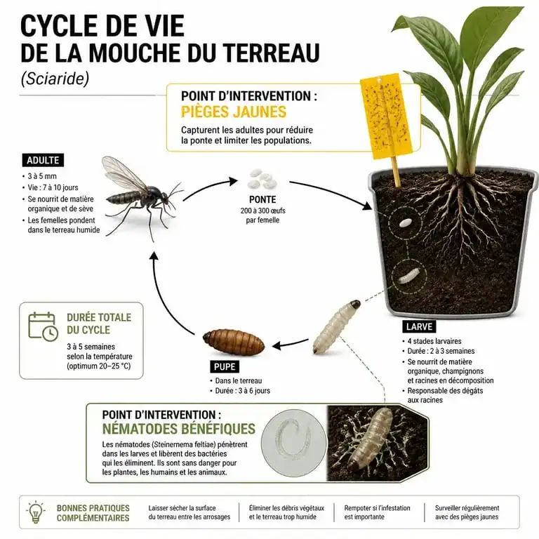Cycle de vie de la mouche du terreau et méthodes de traitement avec produit anti moucheron plantes