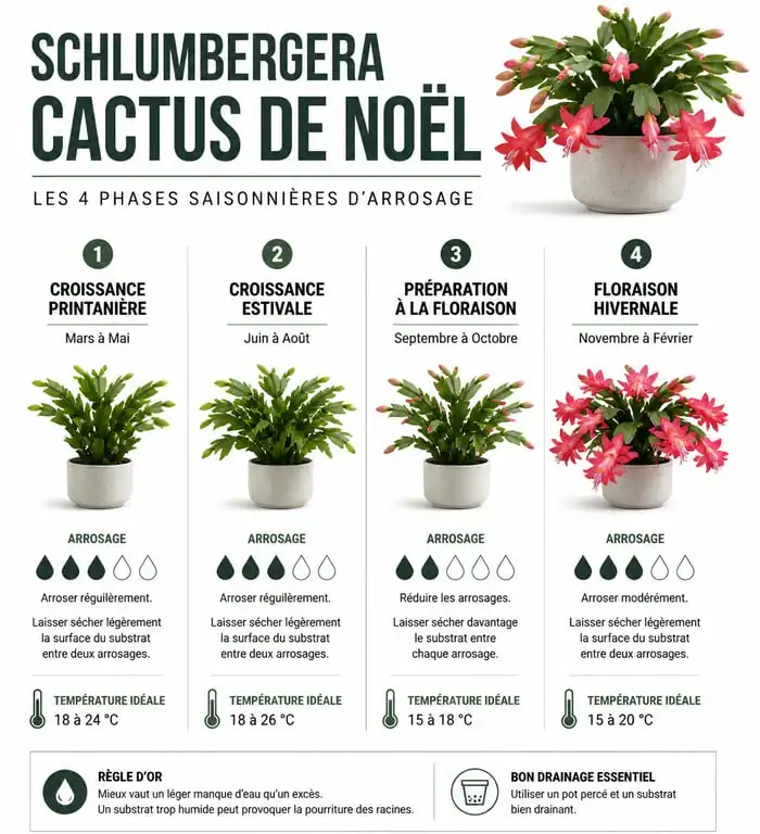 Infographie des cycles d'arrosage du cactus de Noël Schlumbergera par saison