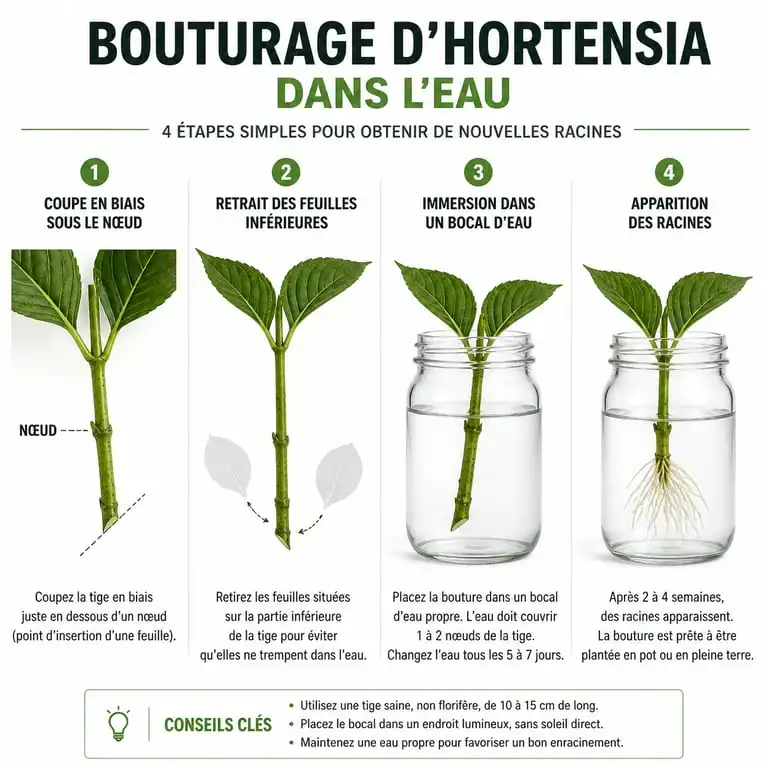Étapes illustrées du bouturage d'hortensia dans l'eau