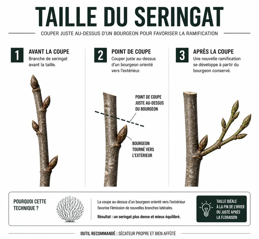 Schéma explicatif des étapes pour tailler le seringat correctement au jardin