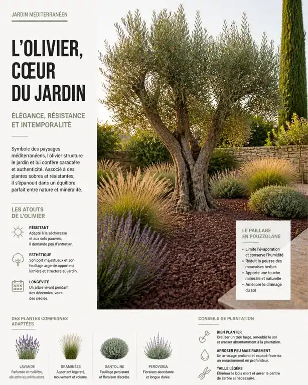 Aménagement paysager d'un olivier dans un jardin méditerranéen avec paillage minéral et plantes compagnes