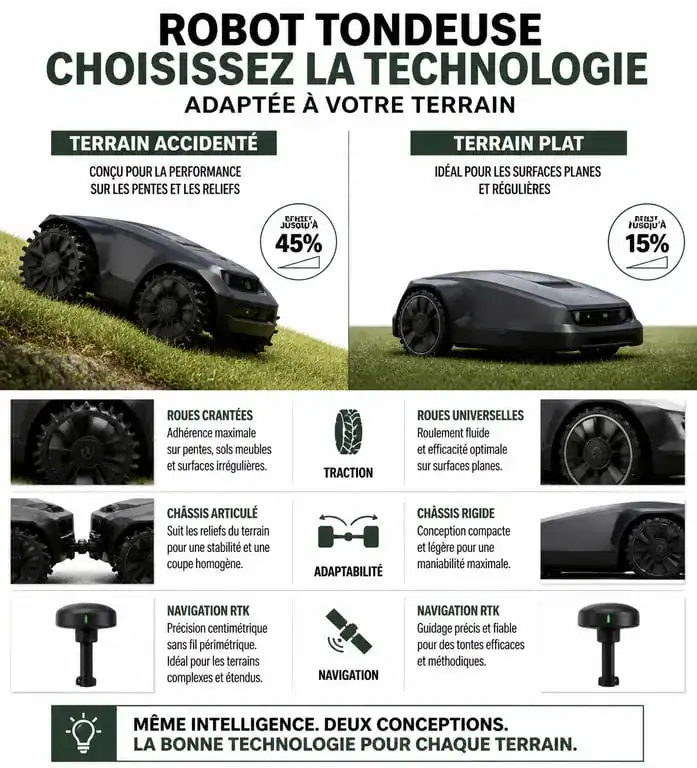Comparatif technique robot tondeuse terrain accidenté