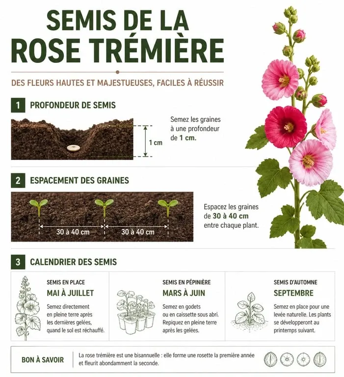 Infographie illustrant les étapes et le calendrier pour semer des roses trémières avec succès