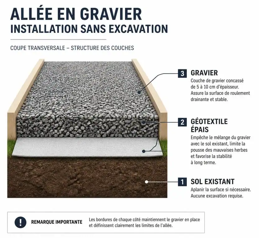 Schéma en coupe d'une allée en gravier sans décaissement avec feutre géotextile et bordures