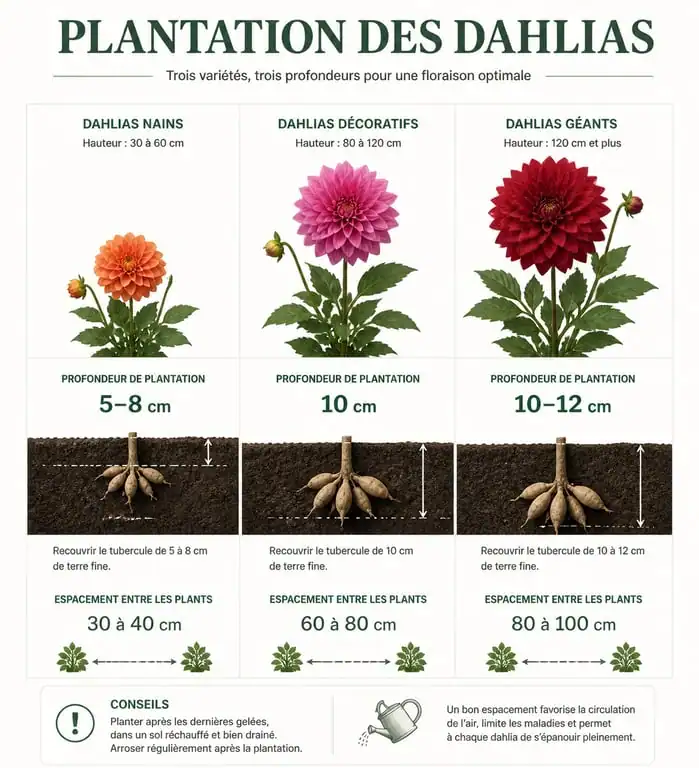 Infographie récapitulative de la profondeur et de l'espacement pour planter les dahlias en pleine terre