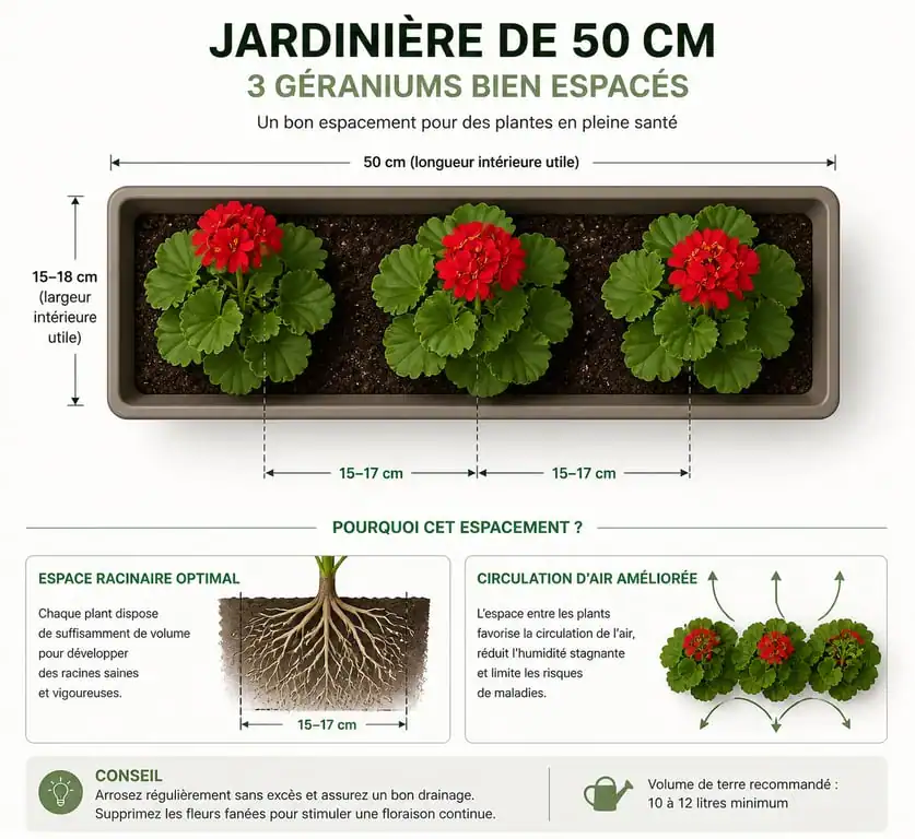 Schéma d'espacement optimal pour planter 3 géraniums dans une jardinière de 50 cm