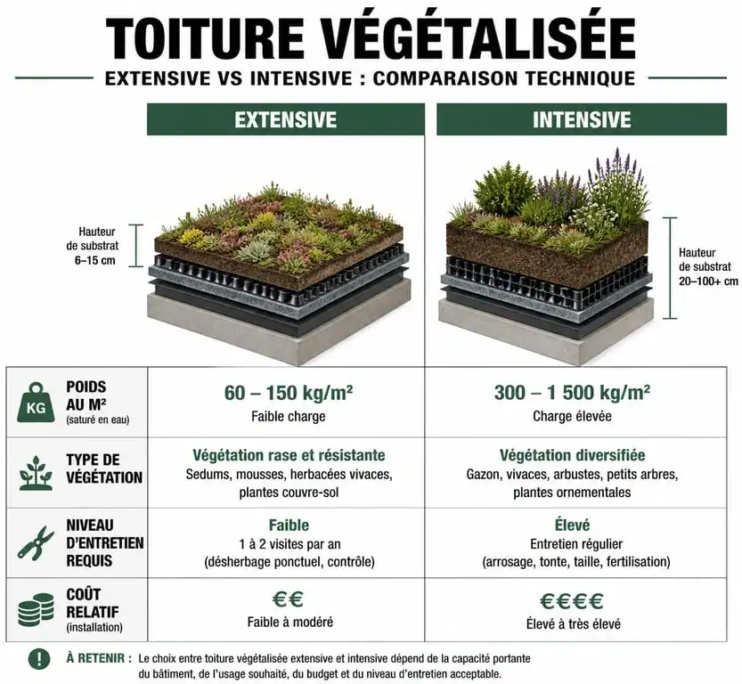 Comparatif technique toiture végétalisée extensive vs intensive