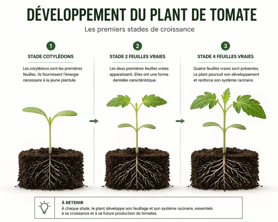 Stades de développement du plant de tomate : cotylédons et feuilles vraies pour le repiquage
