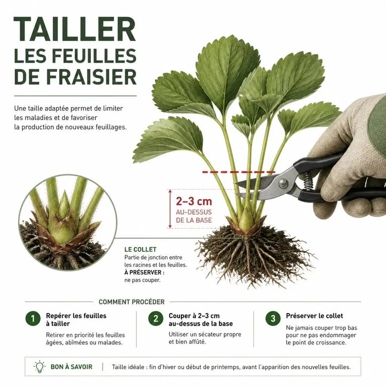 Schéma explicatif de la taille des feuilles de fraisier avant l'hiver pour un jardinage sain.