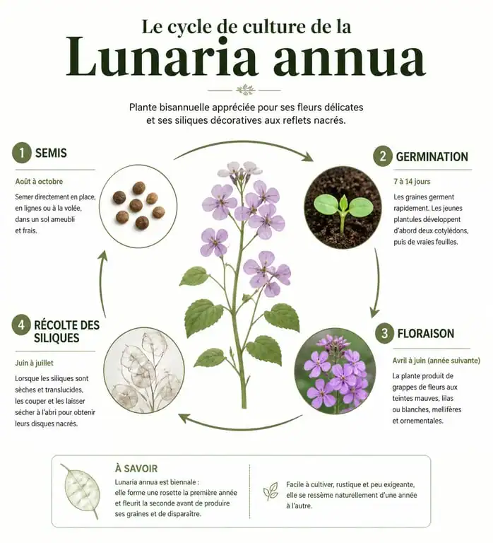 Calendrier et étapes de culture de la monnaie du pape Lunaria annua
