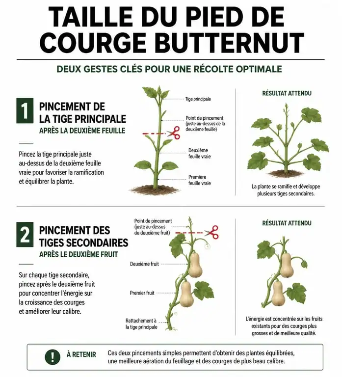 Infographie illustrant la technique de taille et pincement du pied de courge butternut pour optimiser le rendement