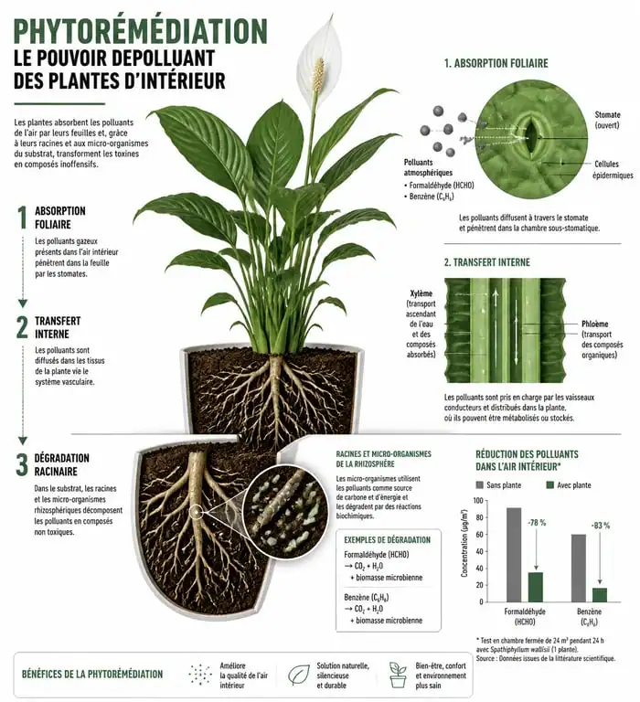Schéma explicatif du fonctionnement des plantes d'intérieur dépolluantes et de la phytoremédiation