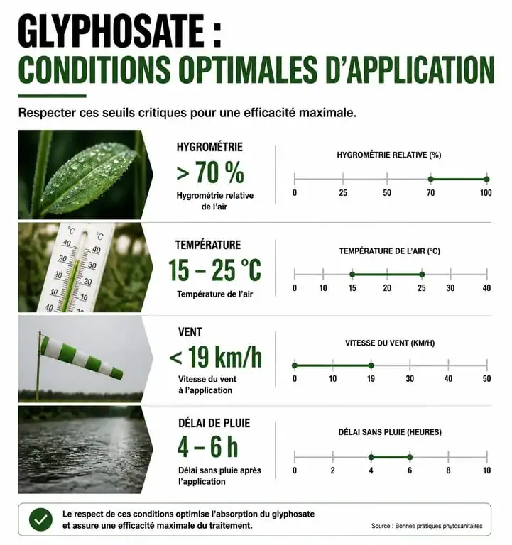 Infographie des conditions optimales pour appliquer du désherbant glyphosate