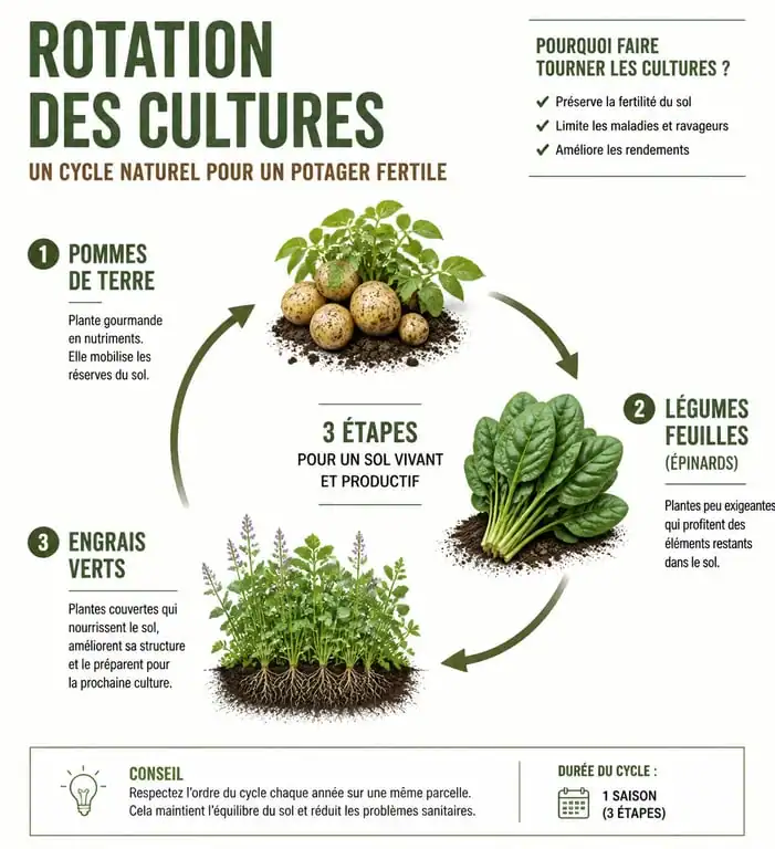 Infographie sur la rotation des cultures après les pommes de terre au potager