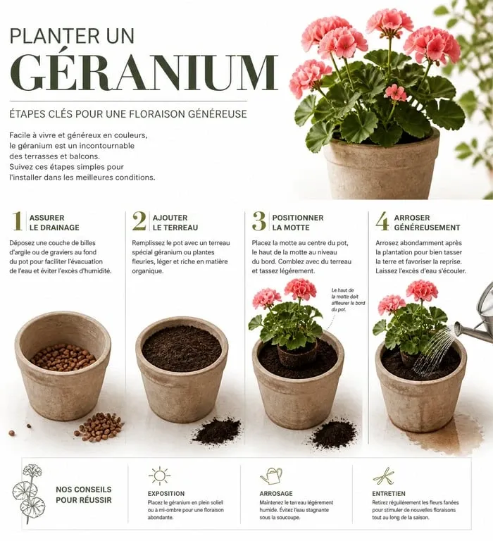 Étapes de plantation d'un géranium en pot pour réussir sa floraison