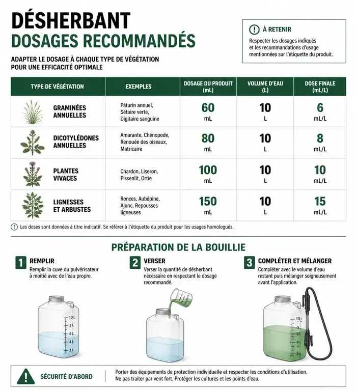 Infographie des dosages de Roundup pour 1 litre d'eau selon le type de mauvaises herbes