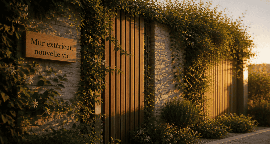 Idee pour cacher un mur exterieur avec plantes grimpantes, bois et pierre