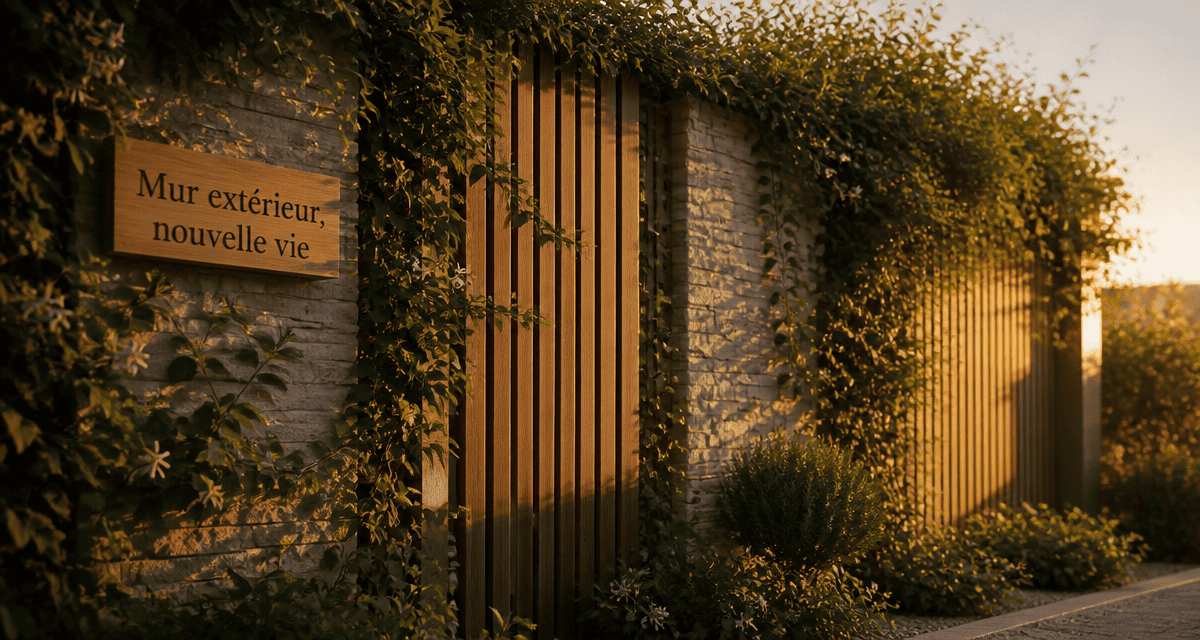 Idee pour cacher un mur exterieur avec plantes grimpantes, bois et pierre