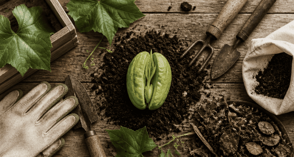 Planter chouchou sur terreau avec outils