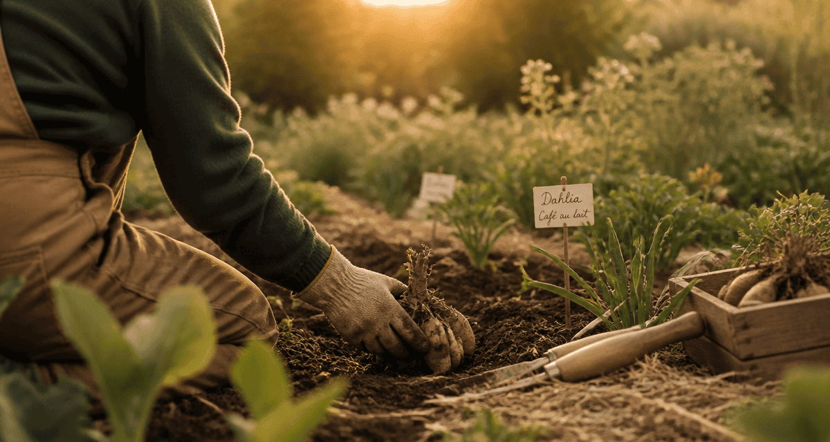 Quand planter les dahlias en pleine terre, main plantant un tubercule