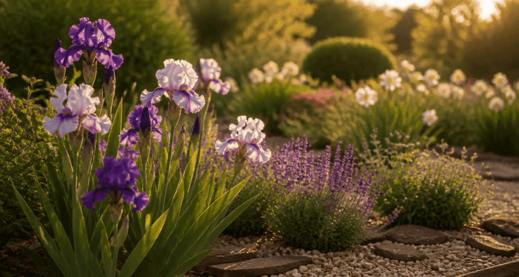 que mettre au pied des iris massif fleuri lavande gravier