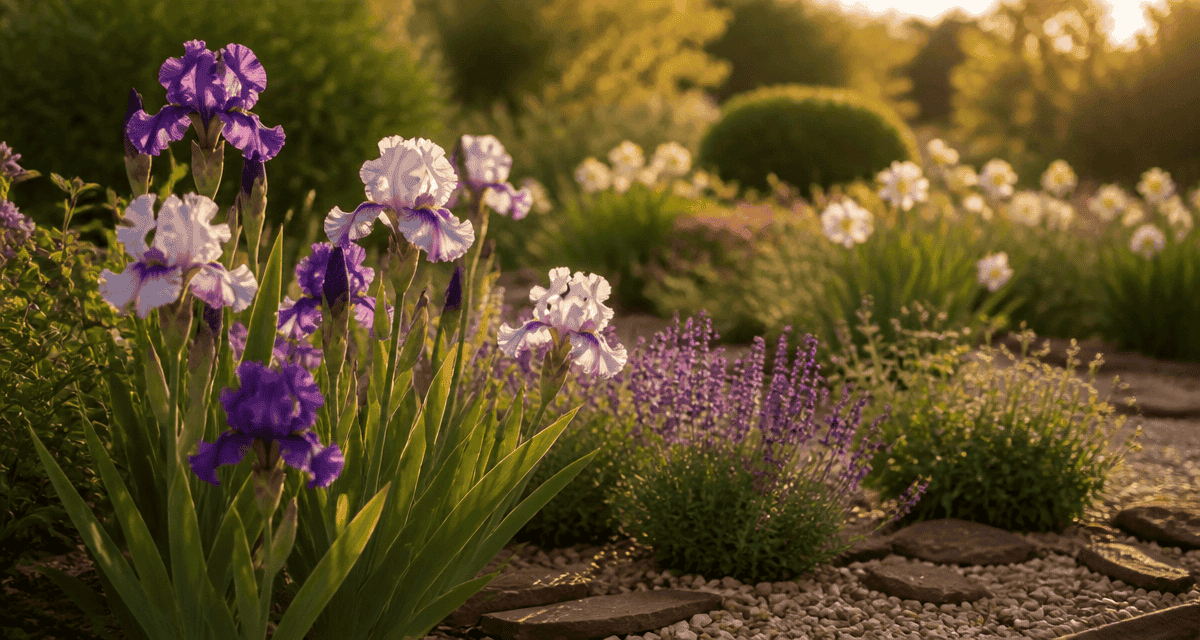 que mettre au pied des iris massif fleuri lavande gravier