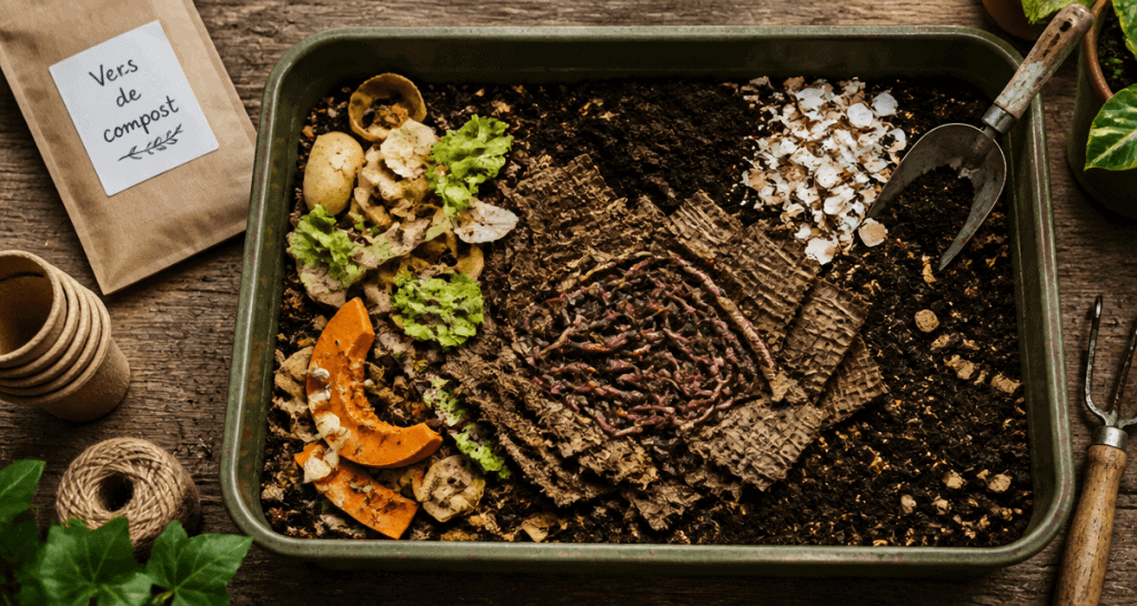 Vers de terre compost sur terreau et déchets organiques