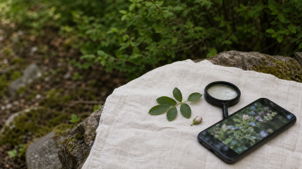 Comment reconnaitre une plante : feuille et bouton de fleur, loupe et smartphone