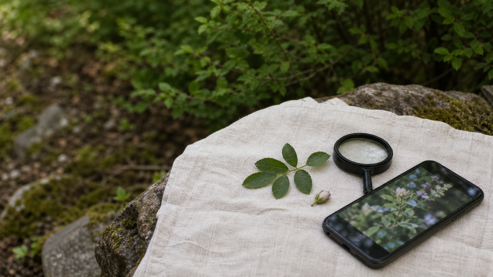 Comment reconnaitre une plante : feuille et bouton de fleur, loupe et smartphone